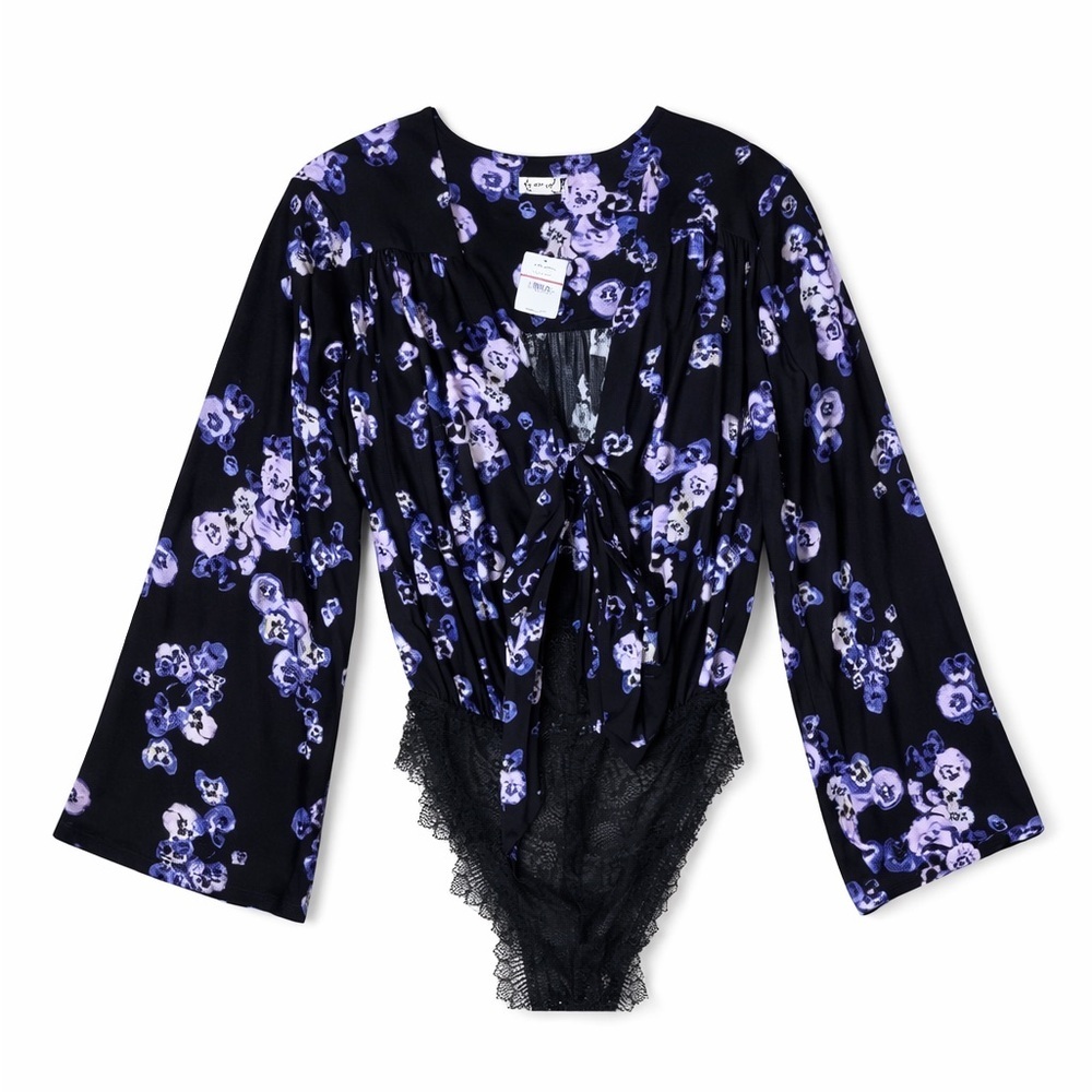 Free People Black Floral Bell Sleeve Bodysuit | Lace Detail | NWT